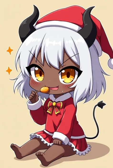 chibi sexy cunning black-skinned girl, white hair, with black horns on her forehead, in a New Years red top with a bow in the middle, a New Years red mini skirt, a New Years cap on her head, holding a New Years candy in her teeth, black skin, a New Years m...