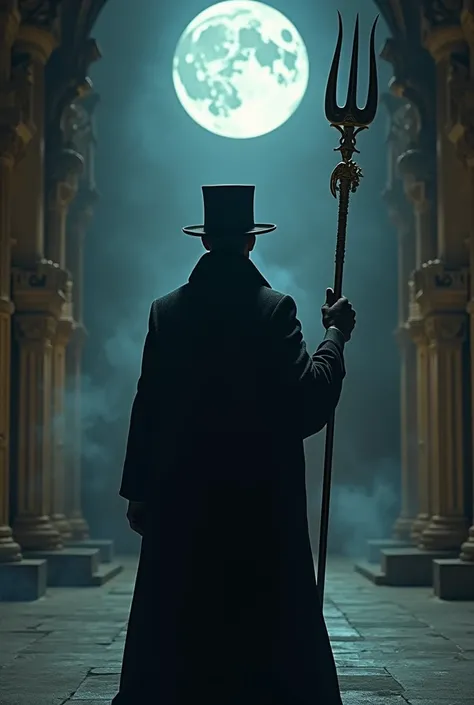  Image of a man in a very stylish overcoat with a top hat on his head and holding a trident staff.  He will have his back to the photo and on a street of ancient architecture at night and containing a full moon in the sky . Give an example of an exú phalan...