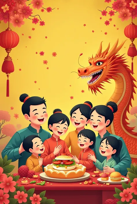 Make a Tet poster with the whole family gathered with a picture of Vietnamese bread with a sandwich on a yellow background and with a dragon and with the inscription Tet away