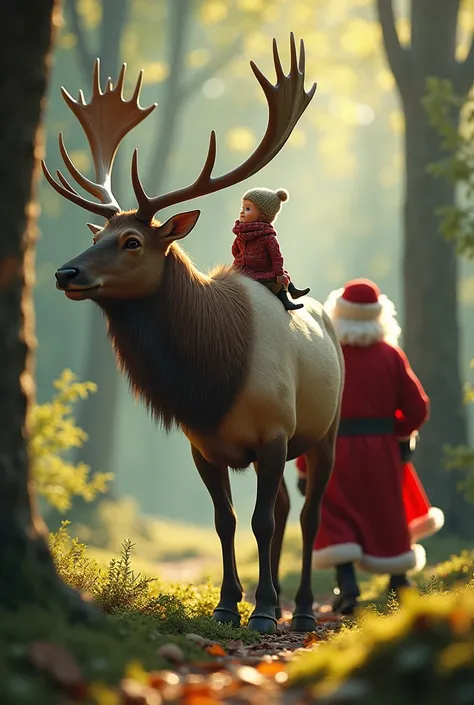  Take a photo :  a little gnome sitting on an elk. You can only see their backs .  Santa Claus walks alongside .  You can only see your back . You are on vacation in the forest . You can only see her back . It&#39;s summer 