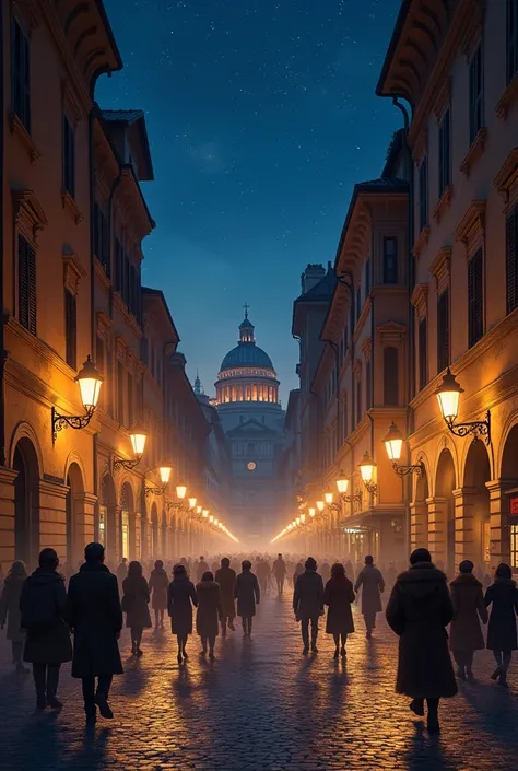 A picture of a street in Rome at night in November