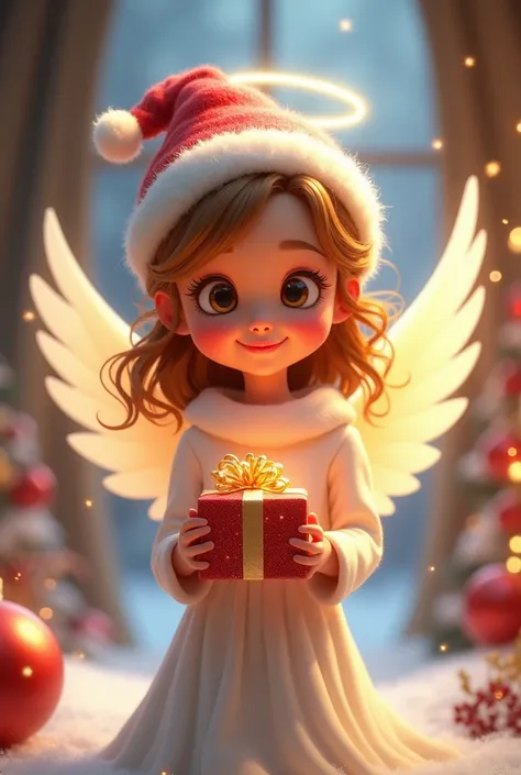 Create an angel holding a gift and wearing a Christmas hat on her head animated in 2D