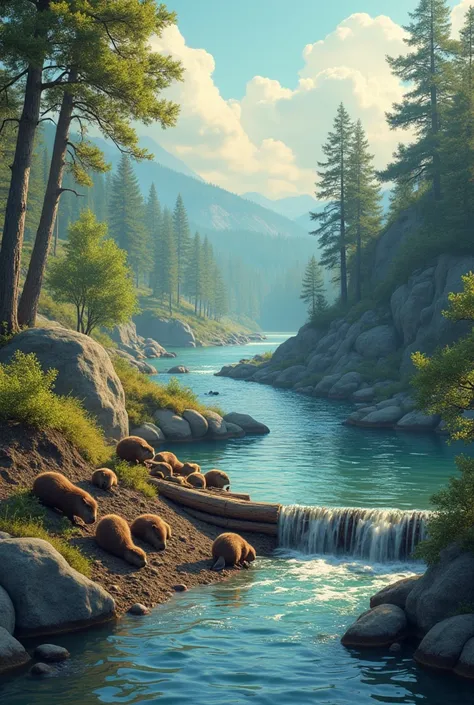  A natural landscape with beavers building a dam next to a river ,  as waves of vibration spread through the air ,  representing how sound spreads . The background should be colorful and attractive ,  with details showing the interaction between beavers an...