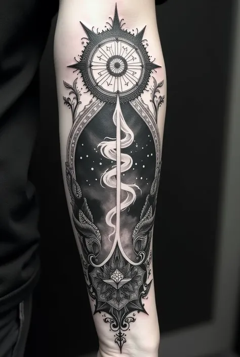 Create an image for a black and white tattoo that represents the birth of the spirit on this earthly plane,  which will evolve and become more aware until it awakens ,  accompanied by sacred geometry and fractals that symbolize love , the force, Happiness ...