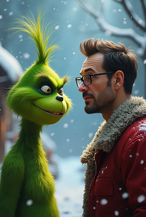 An image of the Grinch and a 40-year-old man without a beard and with glasses 