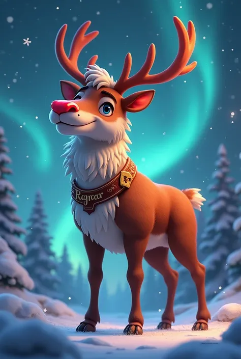 Reindeer Rudolph who has the name Ragnar on the collar