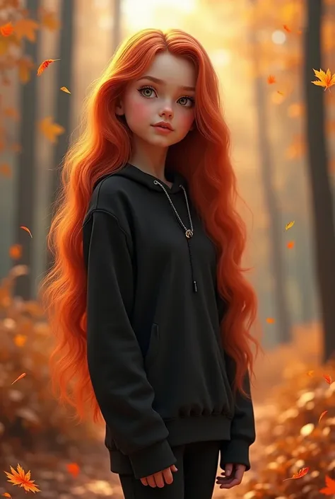  a finn girl with long bright red hair, who is short, skinny, wears casual black clothes in autumn in a realistic style 