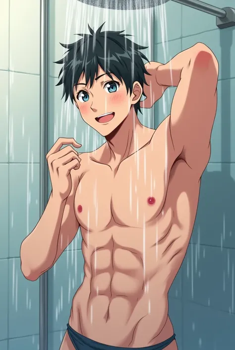 A naked 18-year-old white boy is taking a shower  . Anime porn version