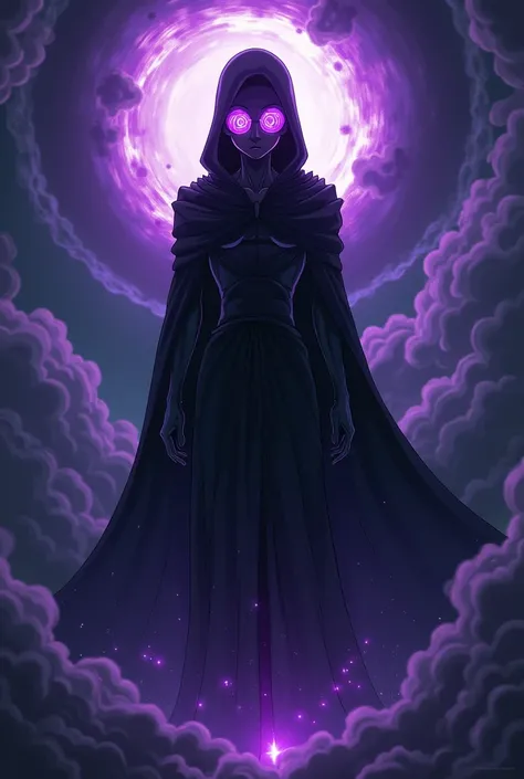  Creates an image of an original Dragon Ball character ,  with an anime style characteristic of the work , following this description :
A tall and thin being ,  with a jet-black body that reflects light like a black hole .  His eyes are bright violet fract...