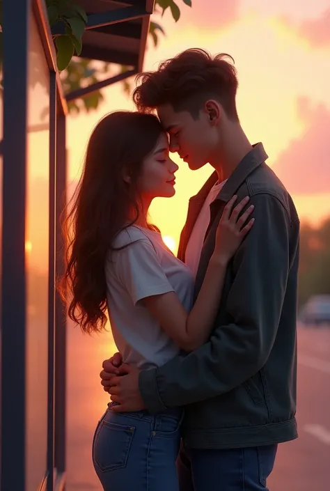  high definition ,  long hair,  Smile , HD model, masterpiece,  Realistic anatomy ,  better quality,  Ultra high definition ,  long hair,  view from above , 3D rendering, a girl and a guy cuddle in the evening at sunset near the bus stop.