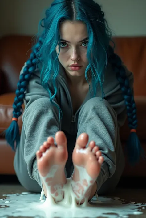 18 year old punk teen girl screaming, pale, high eyebrows, long blue wavy hair, freckles, sweatpants, leather couch, shiny wet bare soles close to camera focus on feet, milk splash on soles, pigtail braids, leather couch, high quality photograph