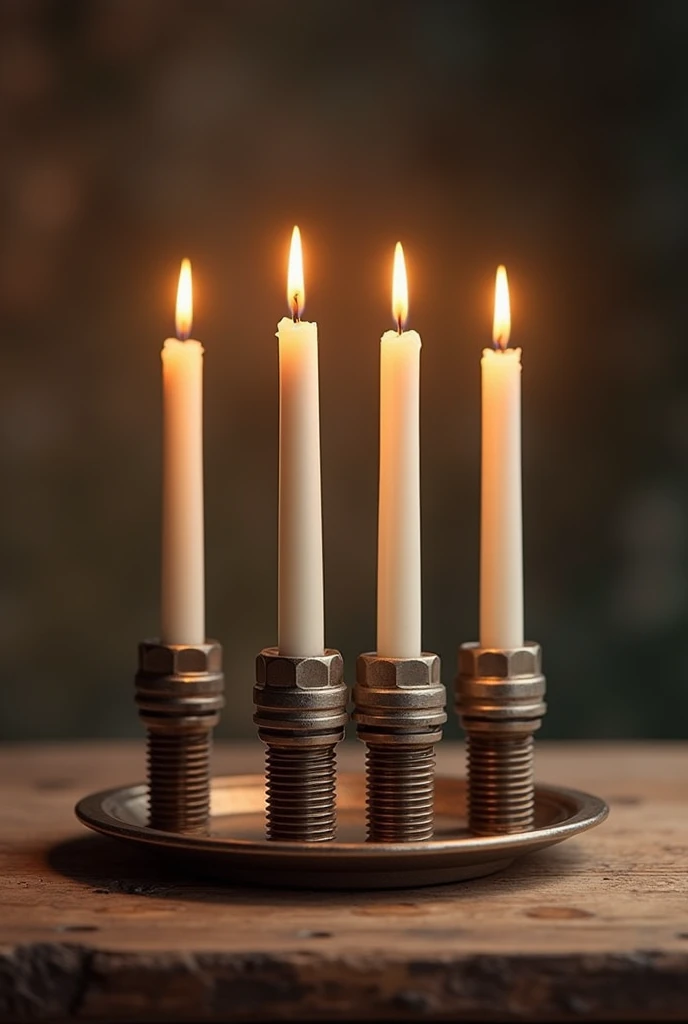 picture of a wooden table with four candles for the fourth advent. the candles are shaped like a spark plug. 
