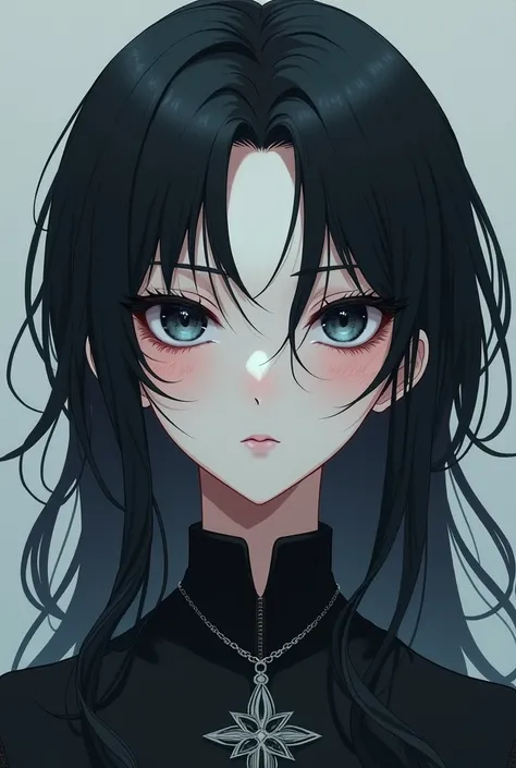 Anime boy with long black hair, black irises, siren eyes. Monolids. Pale skin, Doll cracks and dolly blush.
