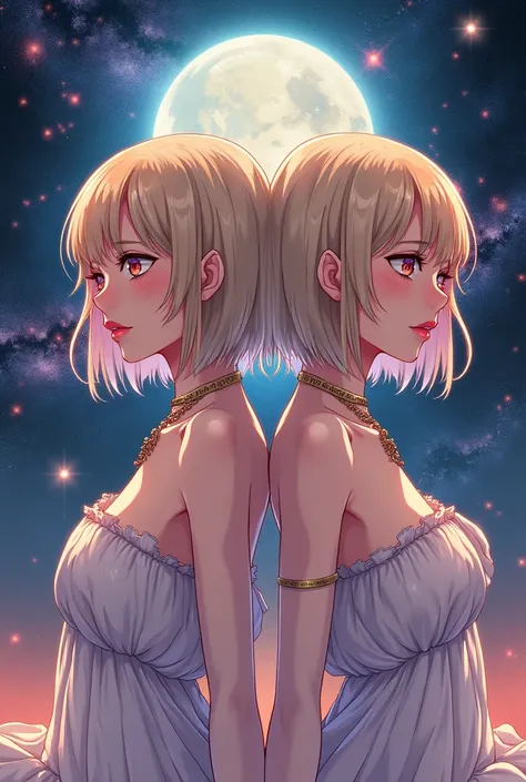  Two Equal Women Gorgeous Short Hair Straight Blond With Pink Swirls Symbol of Beauty Fabric Fluffining Transparency Body Planet Mercury Constellations Gemini Sign Universe Scenery in Shades of Blue and Red, Runes Magic , mystical, Cosmus Milky Way univers...