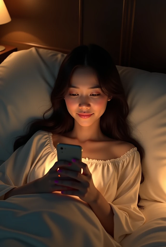 Indonesian woman in bed chatting on WhatsApp at night