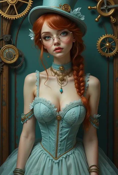 Portrait d une belle femme mince et plate aux cheveux chatains, vetue avec un min bustier en dentelle fine transparente de couleur bleu-pétrole. orné daccessoires steampunk et un chapeau haut-de-forme de couleur bleu-pétrole de style steampunk dans un déco...