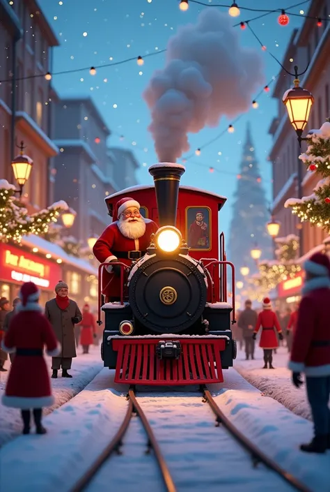 Create an animated picture of a Christmas party with the Buzzardweg train on a street