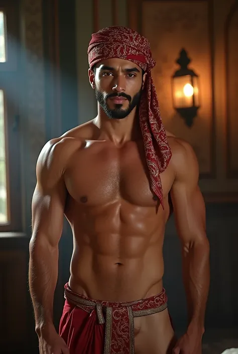 a sexy male, 27 year old male, shirtless, sexy underwear, arabic male style, arab turban, muscular, chiseled jawline, piercing eyes, full lips, detailed face, 8k, high resolution, photorealistic, dramatic lighting, cinematic, sharp focus, vibrant colors, i...