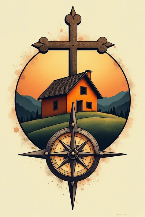  Generate a tattoo with a round outline , that is separated in half ,  in the upper half an orange house with a hill and a large cross, In the lower half a compass separated in half 