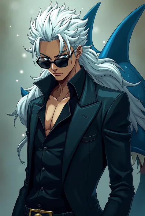 A human with white hair and shark fins is a bounty hunter wearing the kings haki with a black shirt and a black suit and glasses in the world of One Piece