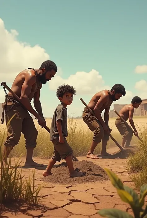 Alex (consistent character) family working in a dry, barren field, with the boy looking on, worried and feeling helpless.