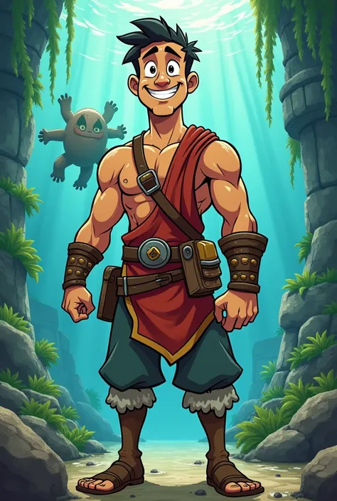 "A playful, cartoonish portrayal of a man named Chad, beaming with a wide, carefree smile, stands in a dynamic pose inspired by the worlds of *Pathfinder* and the lost city of Atlantis. His character blends the rugged charm of a barbarian with the vibrant,...