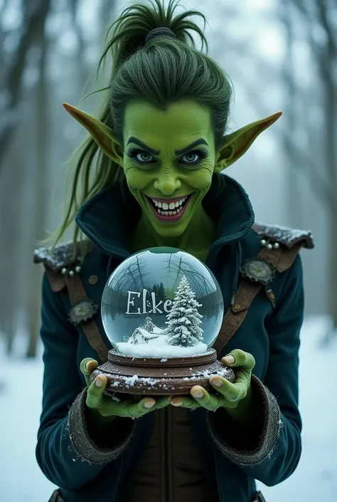 Grinch woman with a snow globe with the name Elke on it