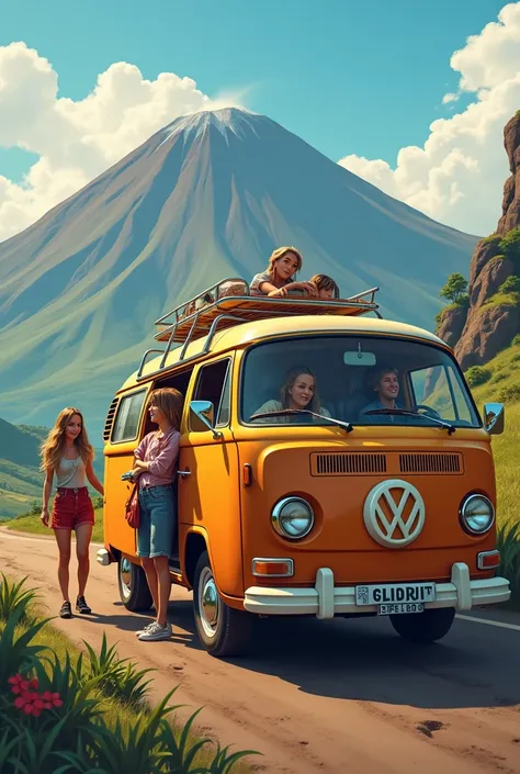  generates an image of a brown and yellow camper van where a traveling family of 2 women travels , 1 blond man , A  girl ,  the background of the image showing an inactive volcano 