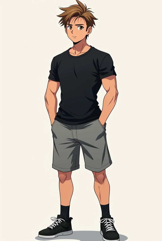 Young Male
Eyes color: hazel
Hair color: light brown 
Height: 6.4 pounds, 193 centimeters
Weight: 87 kilograms 
Body: Athletic Body type, slightly tanned 
Scar from eyebrow to jawline
Clothes: black tight T-shirt and grey shorts, socks and sneakers
In anim...