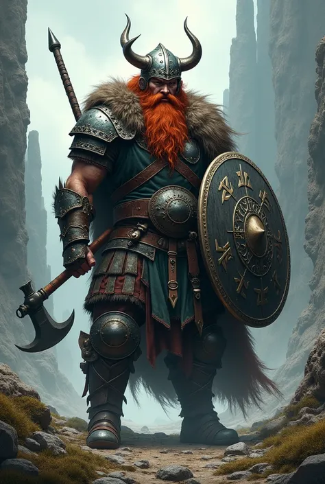  a red-haired warrior . wears armor and holds an axe, and a shield.  with a horned helmet , He is a Norse Viking  