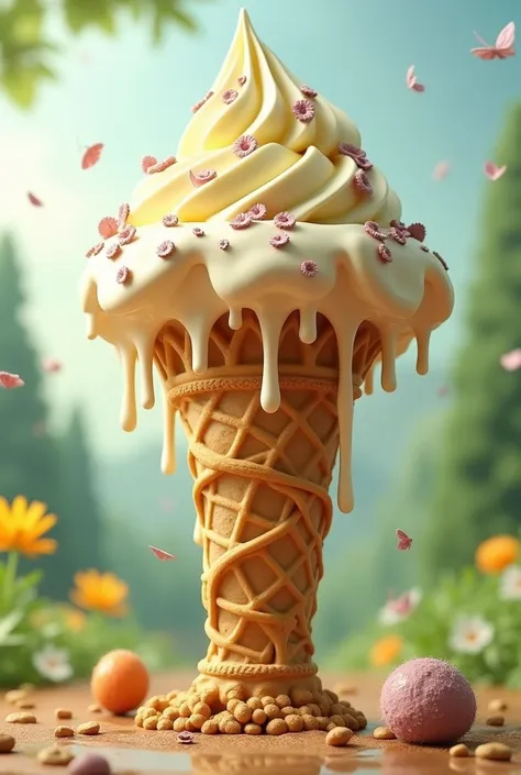 An ice cream cone but let the cookie simulate the trunk of a tree and the cream the top of the tree melting 