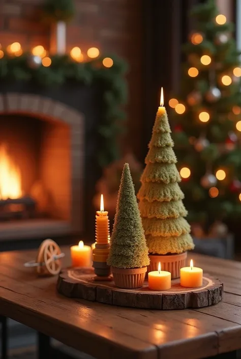 picture of a wooden table with tree candles. the candle is shaped like a spark plug.  one aloy wheel, christmastree and fireplace  in the background. 
