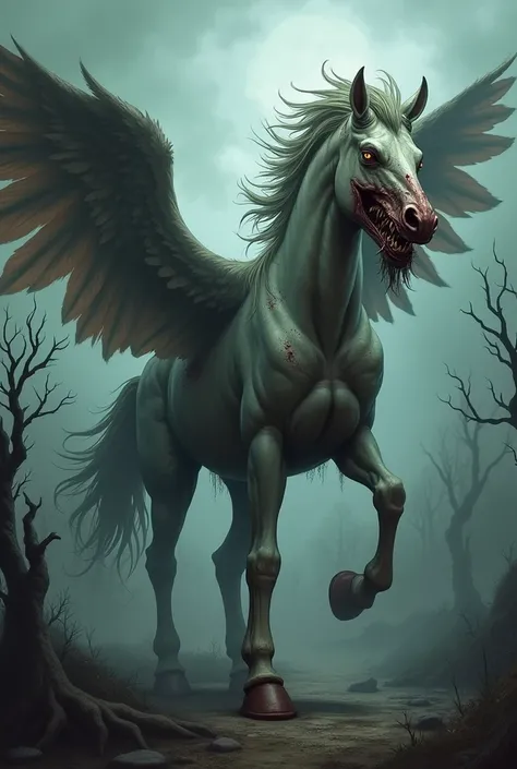 Pegasus and zombie fusion hybrid, fantasy horror style 