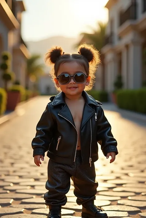 Create an ultra-detailed and realistic 8K photo of an adorable one-year-old baby standing confidently in the center of the frame, smiling softly and looking directly at the camera. The baby has an iconic K-pop-inspired look with oversized and fashionable s...