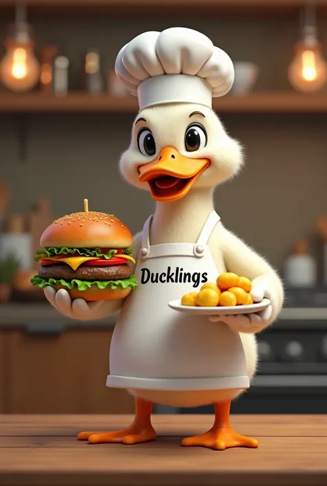 You have a duck dressed as a chef holding a hamburger with potatoes and that has written on his clothes "ducklings"
