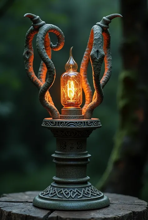 Generate a lamp for me whose morphology and concept is Celtic ,  uses objects such as Garnixxs horn and also that generates fear 