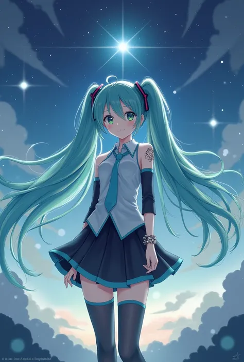 1 girl,
Hatsune Miku,
Alone, full body,fancy,dreamlike,Evening, A dreamy scene ,water color nails,long hair,eyes of water,tie,Starry sky,black shoes,bracelet,Open your mouth,sky,officer,sleeveless shirt,shirt,black skirt,pleated skirt,dodecaedro pequeño St...