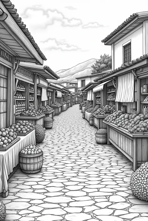  Create a coloring page then in black and white, That it has a wide stone road ,  with many side stands that are handmade l, including artichokes ,  and local Sardinian products  