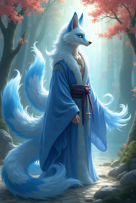 Create a 27-year-old kitsune boy with five blue-and-white tails 