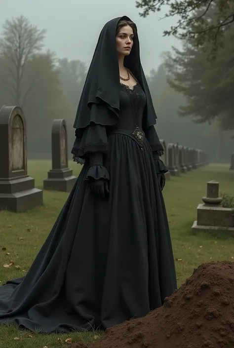 Olympe de Gouges, 29, at the funeral of her husband who died in 1750, wearing appropriate clothing, burying her dead husband in the cemetery. 