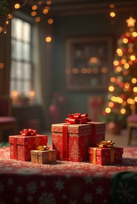 Christmas boxes on a table that is far away 