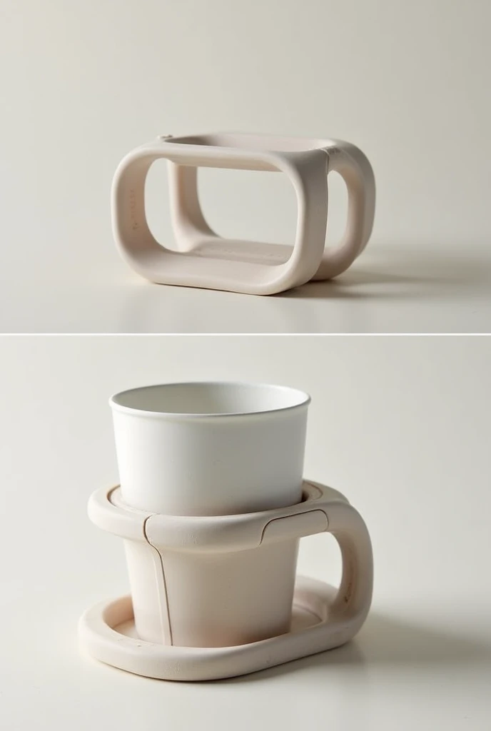  Creates a foldable plastic cup holder for a single cup, with a base and two handles  
