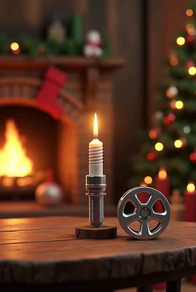 picture of a wooden table with one candle. the candle is shaped like a spark plug.  one dilver aloy wheel, christmastree and fireplace in the background. 
