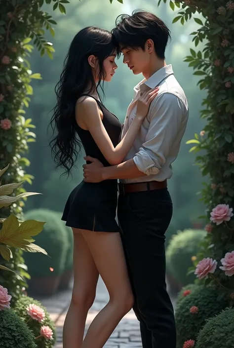 Make me an image that looks real, dark and exact, in an elegant garden, walking in that garden, there are two people, a beautiful 18-year-old girl, long black hair, white skin wears a tight, short black dress, has gray eyes and has her arm intertwined with...