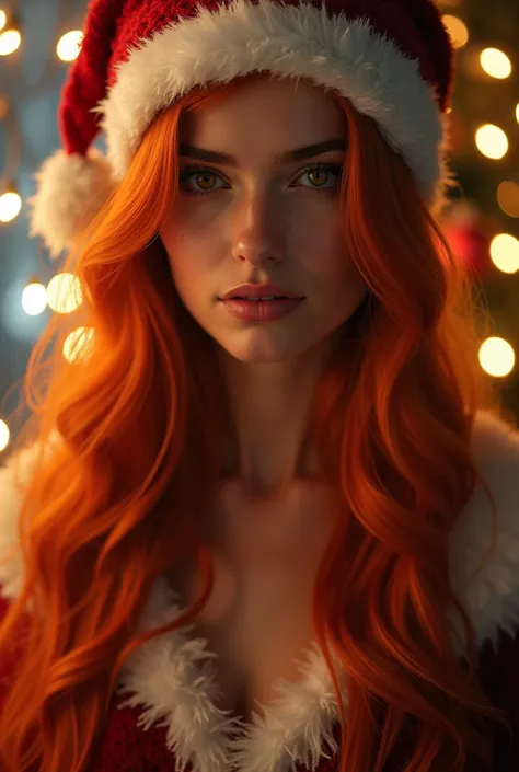 (photorealism: 1.2), beautiful woman, long dark orange hair, brown eyes, dressed as Santa Claus, many Christmas lights, very detailed, masterpiece, professional photography, extreme details, high resolution, HDR, 4K.