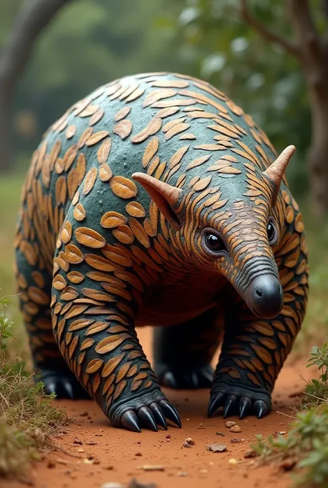 Create an image of a giant pangolin with African shield designs on its scales (Make sure that the animals scales are visible)( that walks on all fours and has an appearance similar to a real animal 