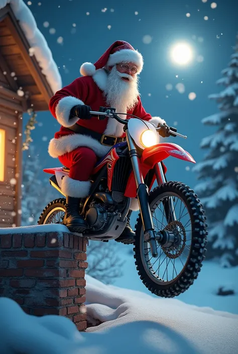 Create an image of Santa Claus throwing a yz125 down the chimney 