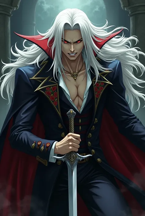 in Ayami Kojima anime style, Alucard from the Castlevania anime, looking scary with an angry face, holding a skinny sword, with long white hair, gothic, medieval, soft lighting, very detailed, wide shot