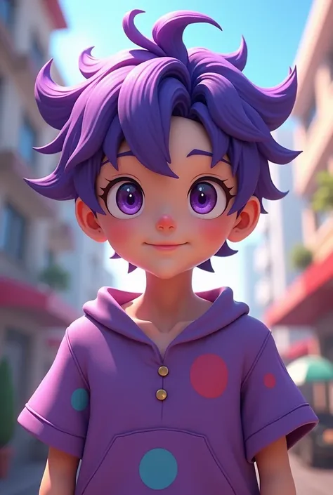 An anime-style avatar of a boy with purple clown hair and purple clown shirt for Free Fire 