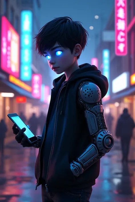  Create an image of a mature young boy  ,On a street that Shines in Neon colors  , show one of his arms being a mechanic ,And the rest of the human body  , give him a black jacket  , also show him with a Tablet in one of his arms and give him eyes that Shi...